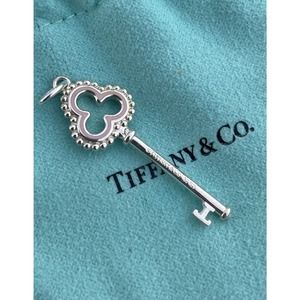 Tiffany & Co. Silver Beaded Pink Enamel Trefoil Key Charm Pendant For Necklace